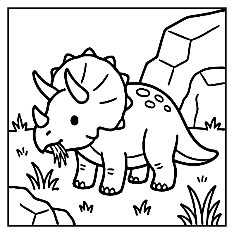 A cute, cartoon dinosaur with horns and a tail stands in grass, looking tired