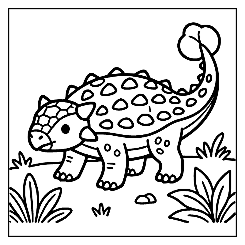 A cute, cartoonish ankylosaurus dinosaur is walking through grass and rocks