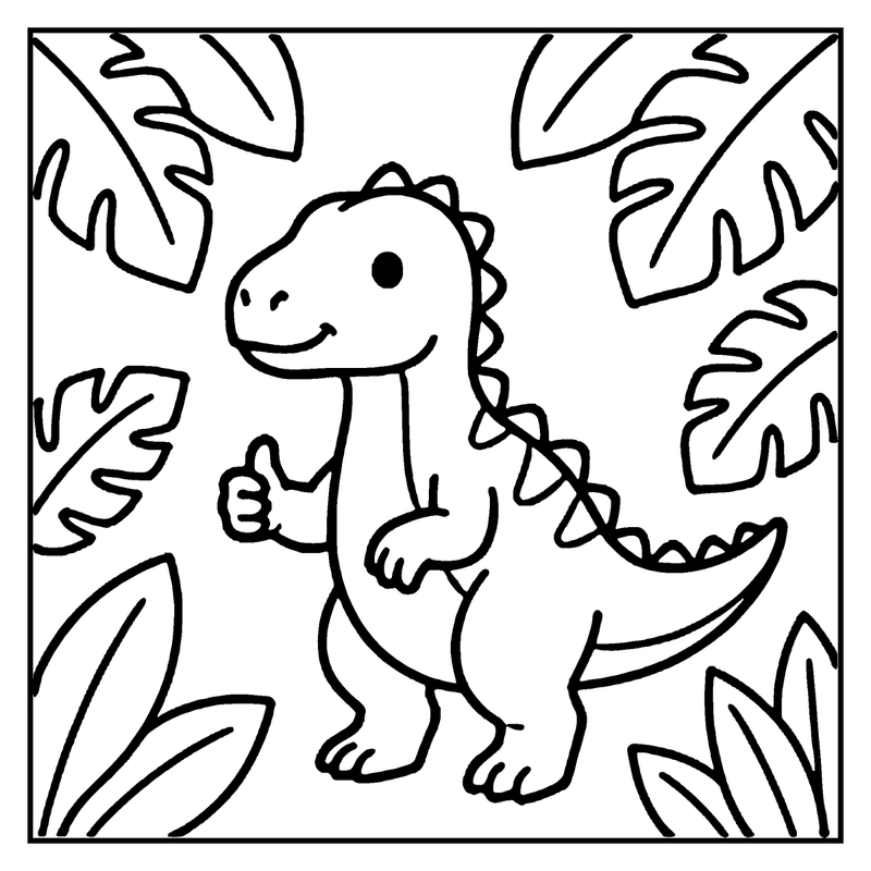 A cute dinosaur giving a thumbs up in a jungle setting with large leaves
