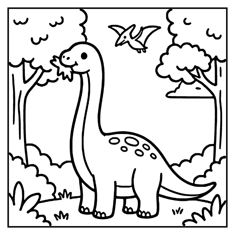 A cute dinosaur is blowing a leaf, surrounded by trees and a flying pterodactyl