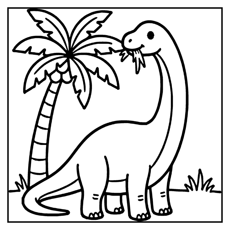 A cute dinosaur is eating a coconut tree, surrounded by grass