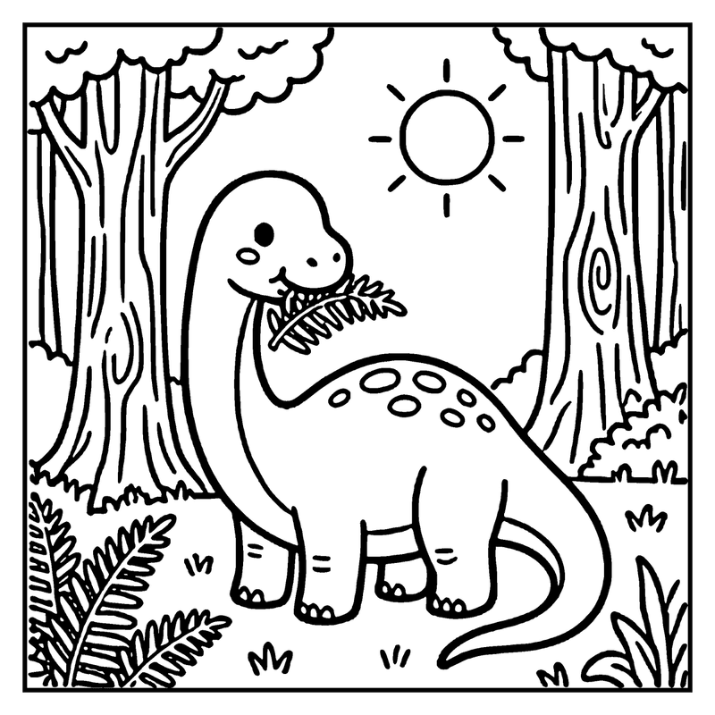 A cute dinosaur is eating a leaf in a sunny forest
