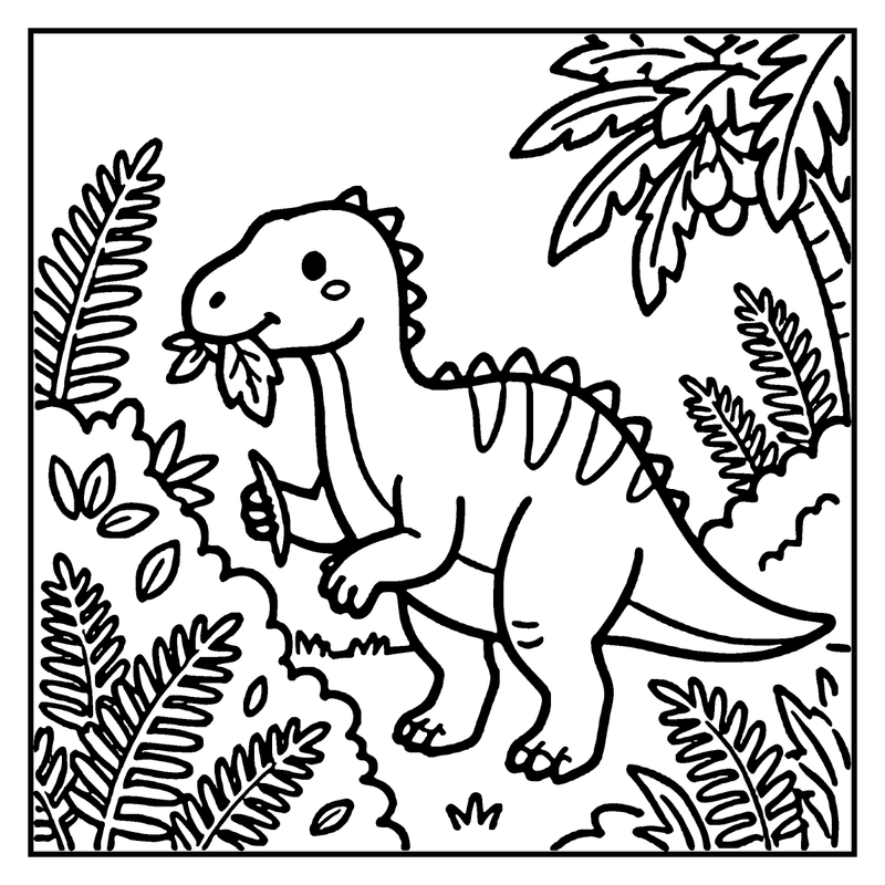 A cute dinosaur is eating leaves in a lush, prehistoric jungle