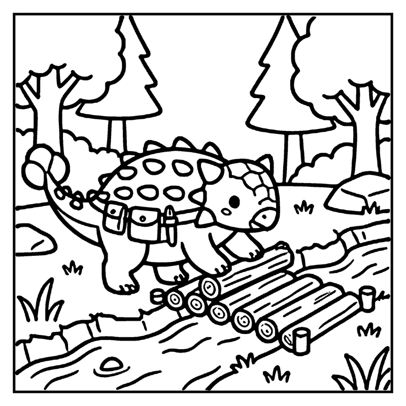 A cute dinosaur is hiking through a forest, carrying a backpack and walking over a log bridge