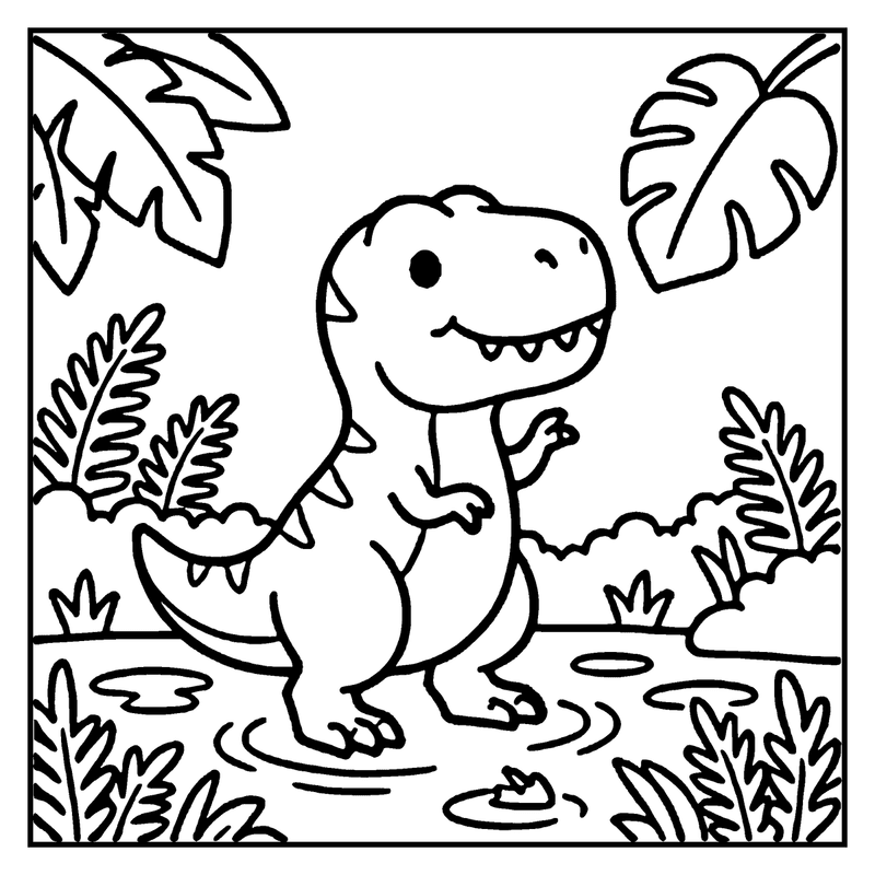 A cute dinosaur stands in a pond, surrounded by leaves and plants