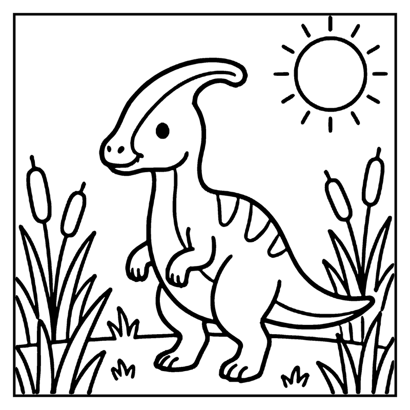 A cute dinosaur stands in tall grass, under a bright sun