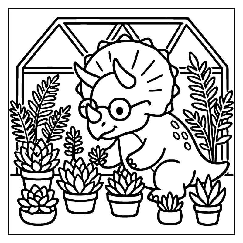 A cute dinosaur wearing glasses is surrounded by various plants in a greenhouse