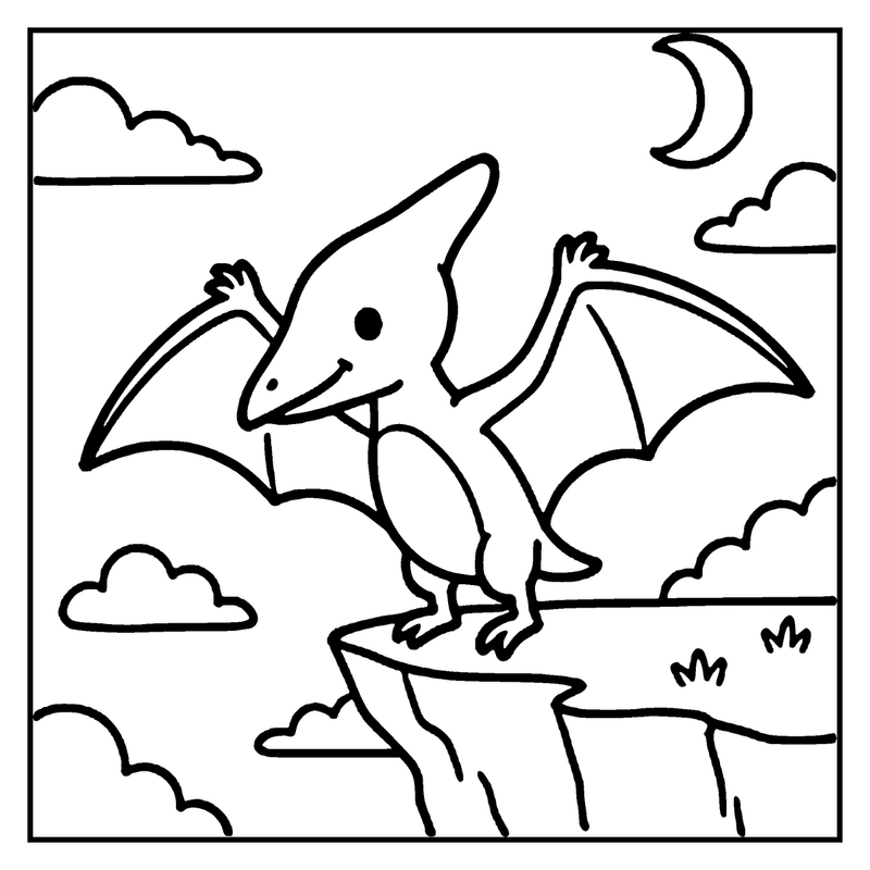 A cute pterodactyl is flying above a cliff with a crescent moon and clouds in the background, a dinosaur coloring page