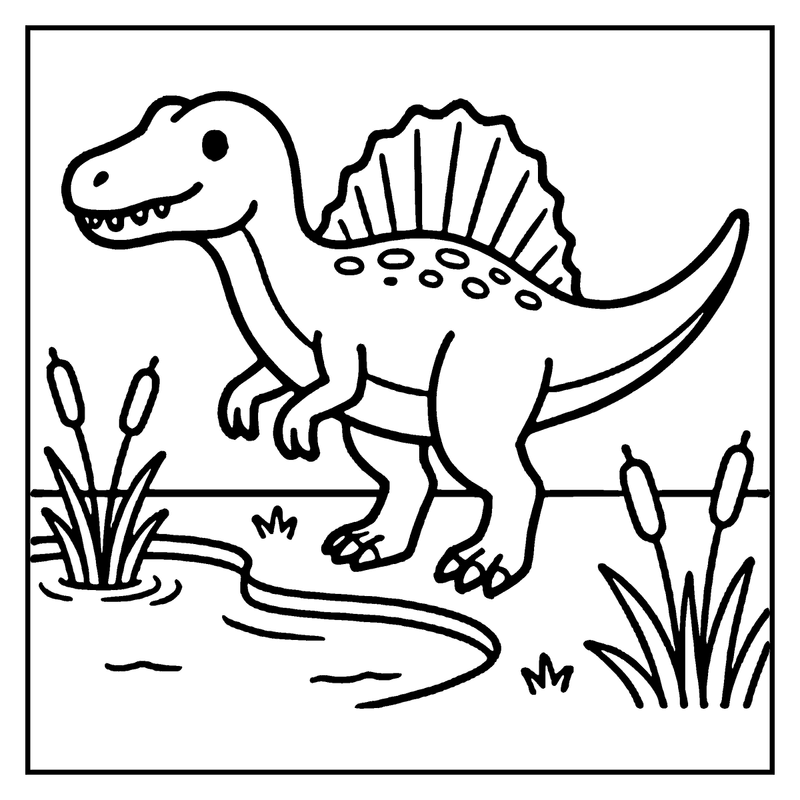 A cute Spinosaurus dinosaur is walking near a pond, surrounded by reeds and water