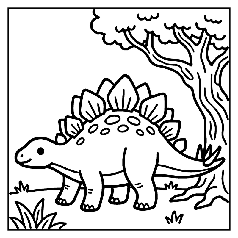 A cute stegosaurus dinosaur is standing in a grassy area with a leafless tree in the background