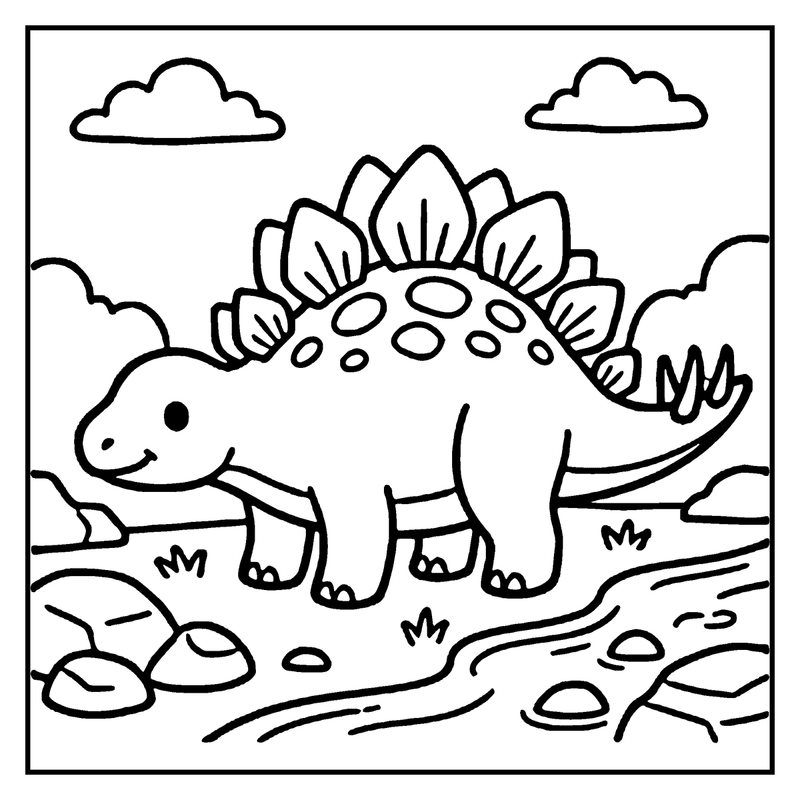 A cute stegosaurus dinosaur is standing in a pond, surrounded by rocks and clouds