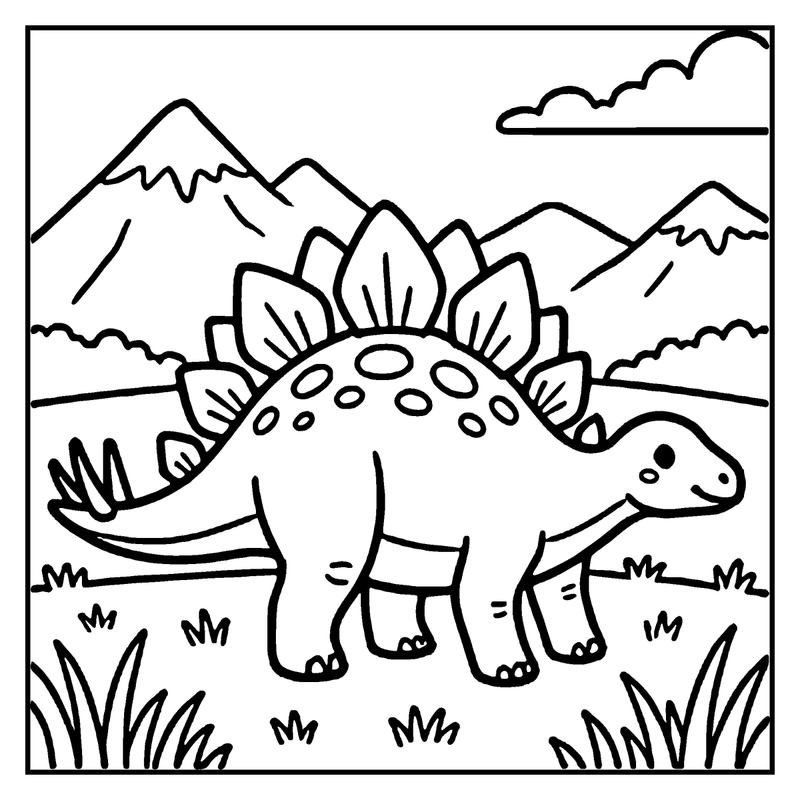 A cute stegosaurus dinosaur is walking in a grassy field with mountains in the background