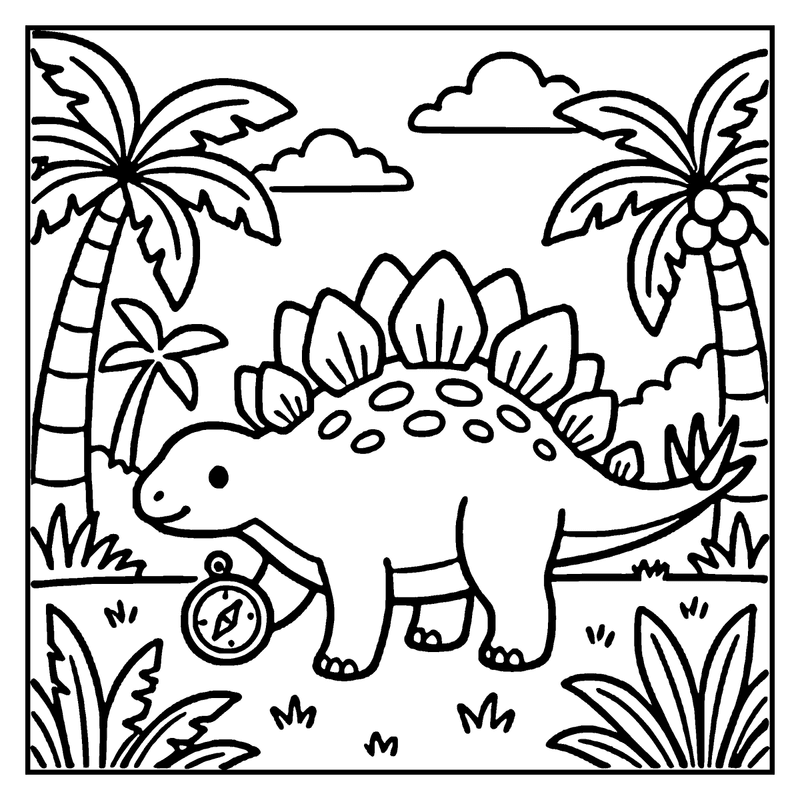 A cute Stegosaurus dinosaur stands in a jungle, holding a compass, with palm trees and clouds in the background
