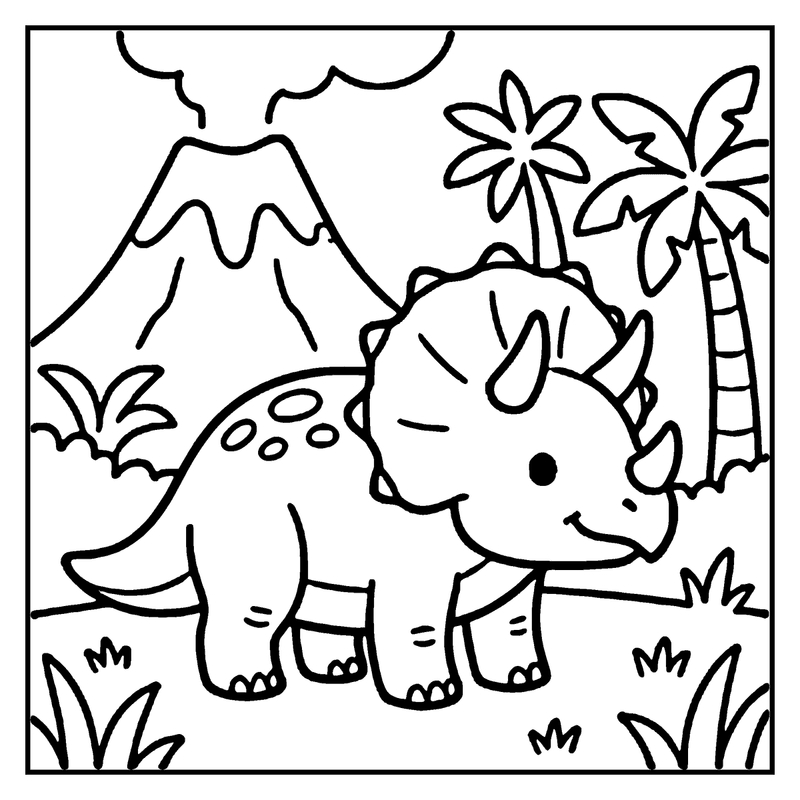 A cute triceratops dinosaur stands in a jungle with palm trees, mountains, and grass