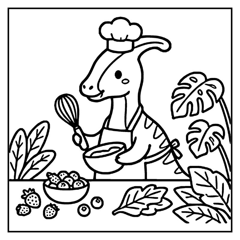 A dinosaur chef wearing an apron and a chef's hat is mixing ingredients in a bowl, surrounded by various fruits and vegetables