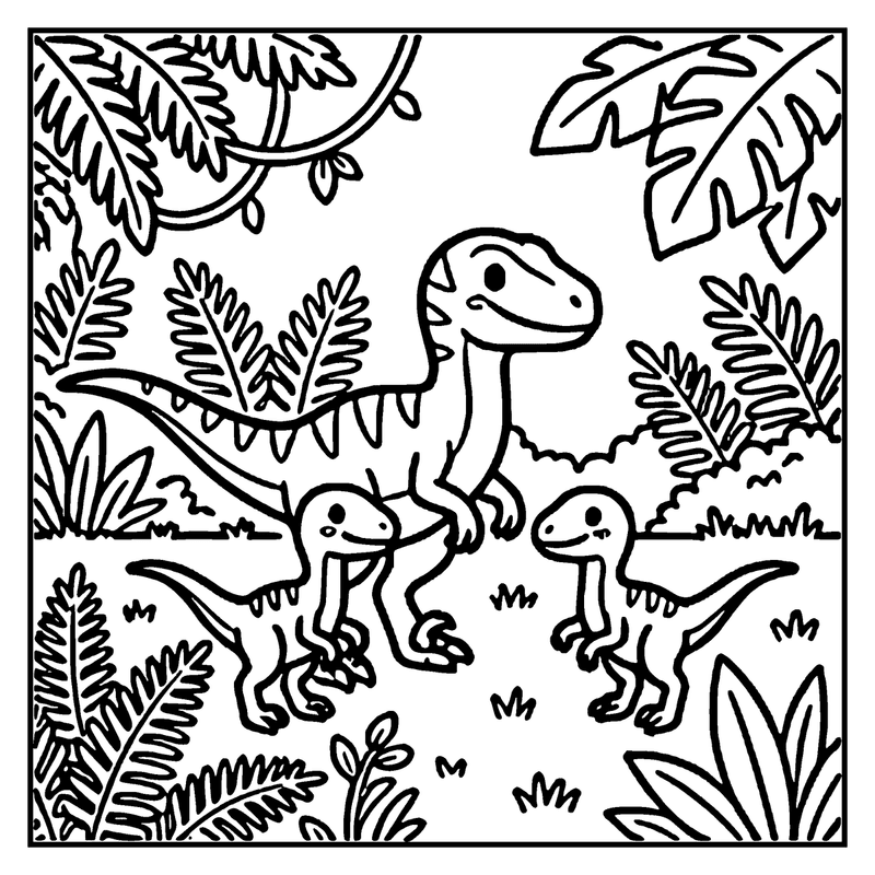 A dinosaur family, including a mother and two baby dinosaurs, is standing in a lush, prehistoric jungle filled with large leaves and ferns