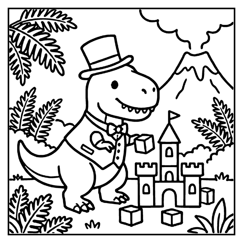 A dinosaur in a suit and top hat is building a sandcastle with a volcano in the background