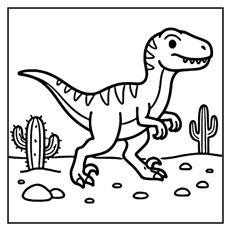 A dinosaur stands in a desert landscape, surrounded by cacti and rocks