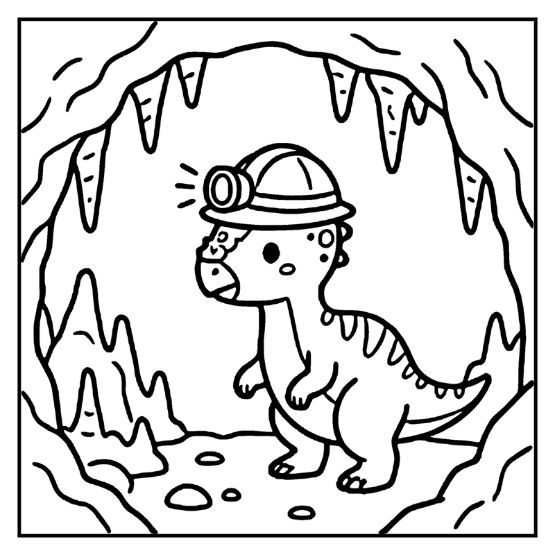 A dinosaur wearing a hard hat and flashlight is exploring a cave with stalactites hanging from the ceiling