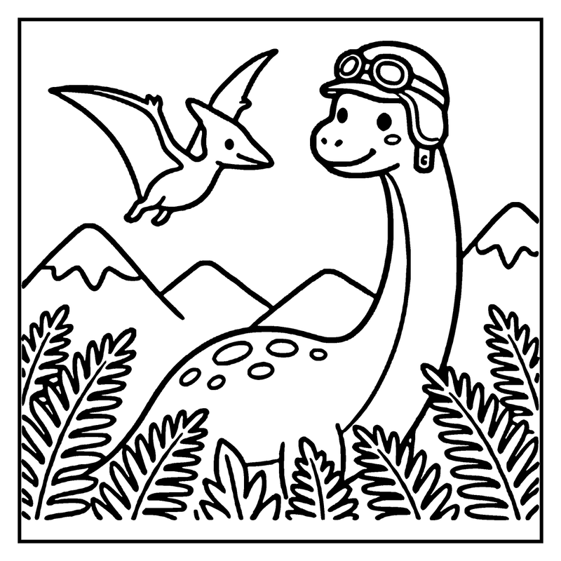 A dinosaur wearing goggles is flying over a jungle with mountains in the background