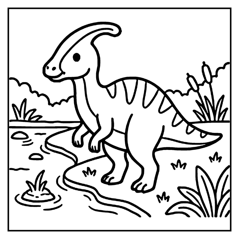 A dinosaur with a long neck and tail is standing in a pond, surrounded by grass and reeds
