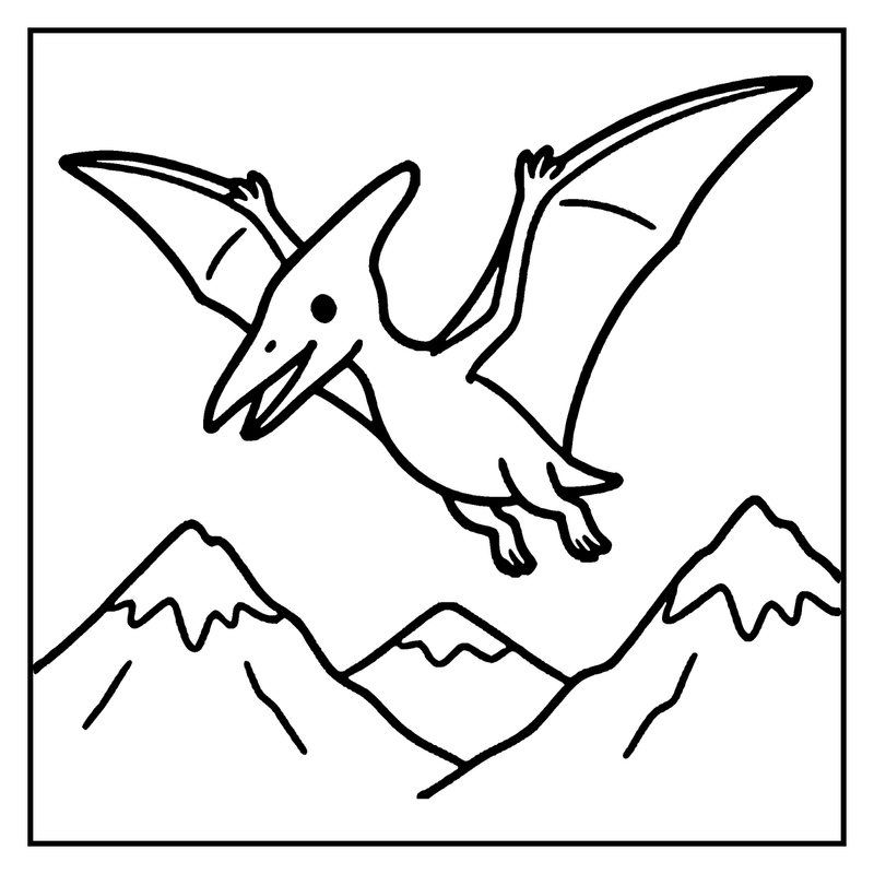 A flying dinosaur with wings spreads wide, soaring above snow-capped mountains