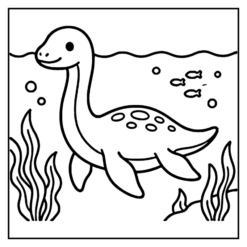 A friendly sea creature swims happily among bubbles and seaweed, a dinosaur coloring page