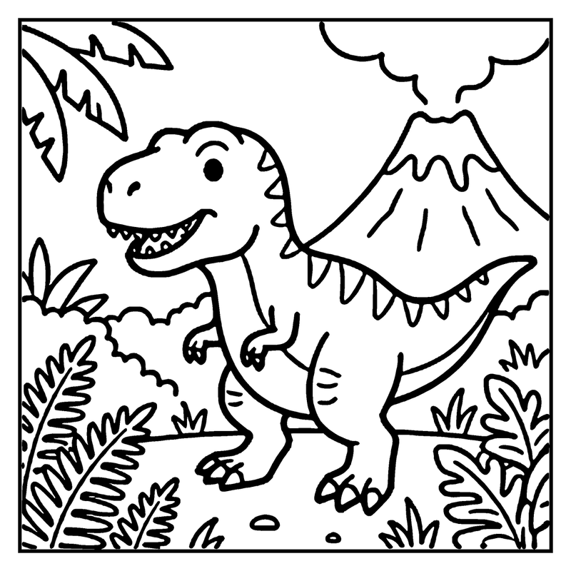 A happy dinosaur stands in a lush jungle, with a volcano erupting in the background