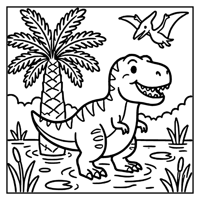 A smiling T-Rex dinosaur stands in a pond, surrounded by grass and a palm tree, with a flying pterodactyl in the background