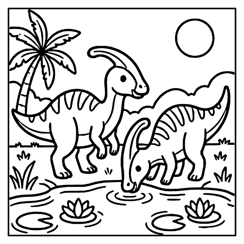Two dinosaurs, one drinking water, the other standing by a palm tree, in a prehistoric setting