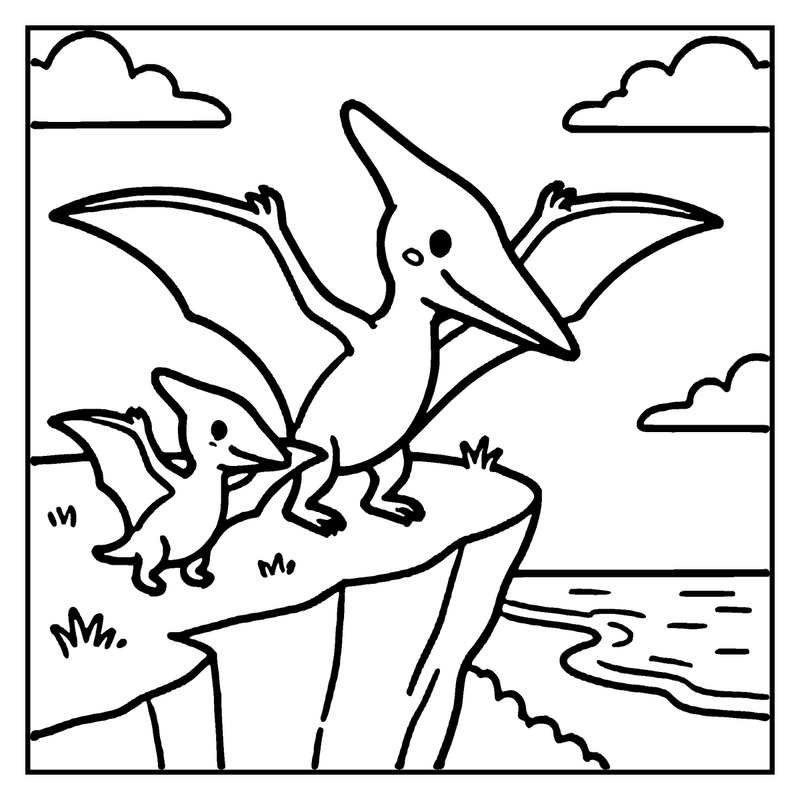 Two pterodactyls flying in the sky with clouds and a cliff in the background, a dinosaur coloring page
