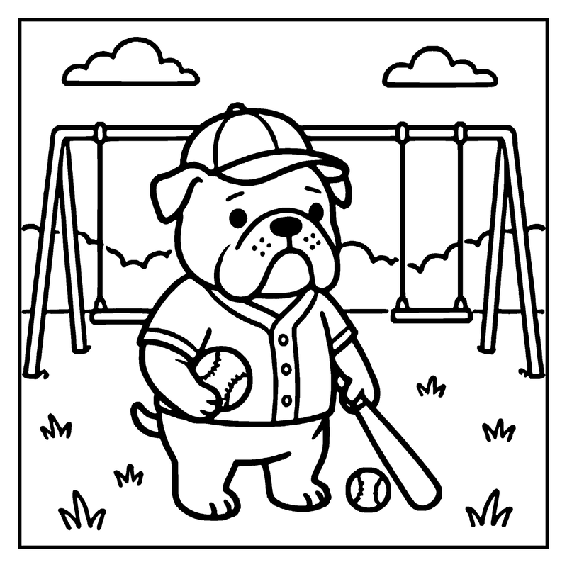 A bulldog in a baseball uniform stands in a park, holding a ball and bat, with a swing set in the background, a dog coloring page