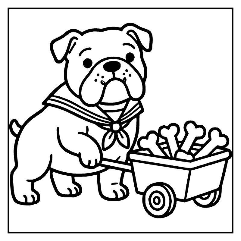 A bulldog in a sailor outfit pulls a cart filled with bones, a dog coloring page