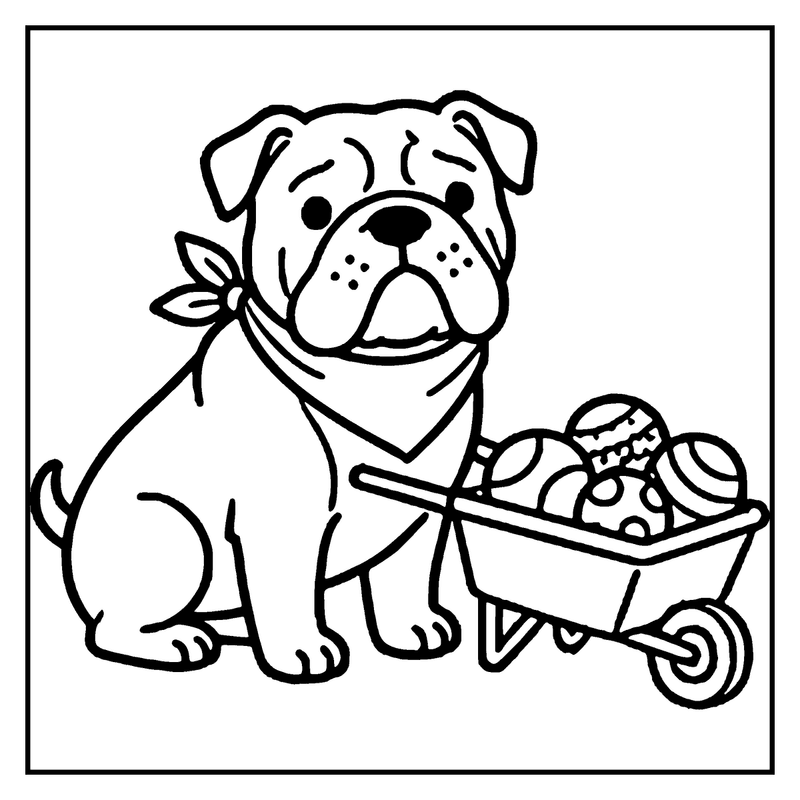 A bulldog wearing a bow tie is pushing a wheelbarrow full of Easter eggs, a dog coloring page