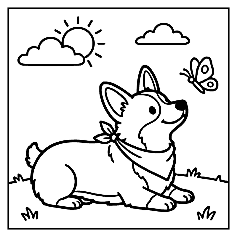A corgi dog sits on grass, looking up at a butterfly in the sky, a dog coloring page