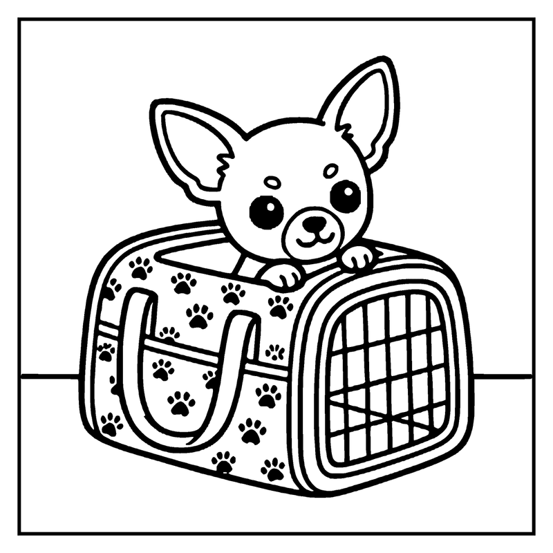 A cute chihuahua dog is peeking out from a pet carrier with paw prints, a dog coloring page