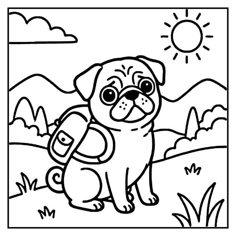 A cute pug puppy is hiking with a backpack, under a bright sun and a cloud, a dog coloring page