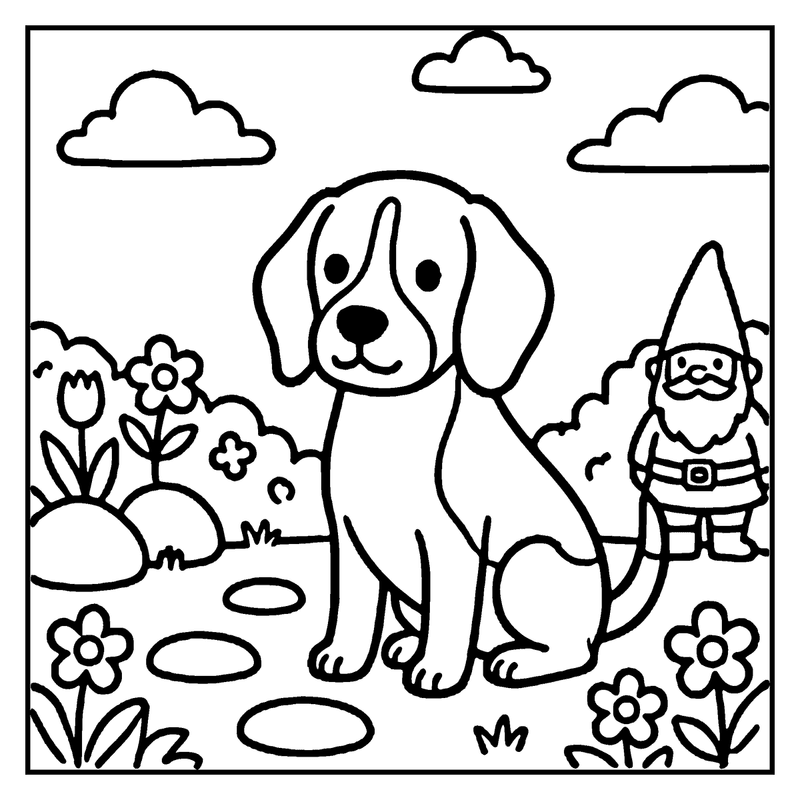 A cute puppy sits in a garden with flowers, rocks, and a gnome in the background, a dog coloring page