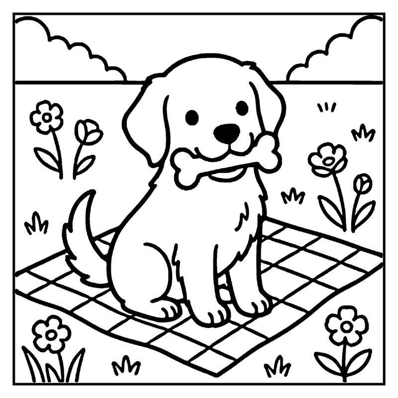 A cute puppy sits on a picnic blanket, holding a bone, surrounded by flowers and grass, a dog coloring page