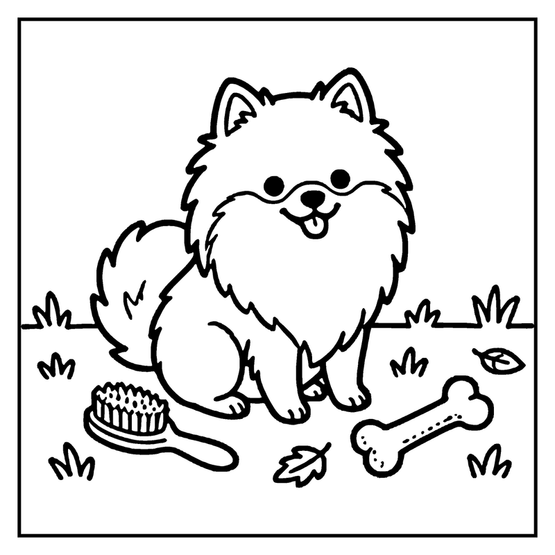 A fluffy dog sits happily on grass with a bone and brush nearby, a dog coloring page
