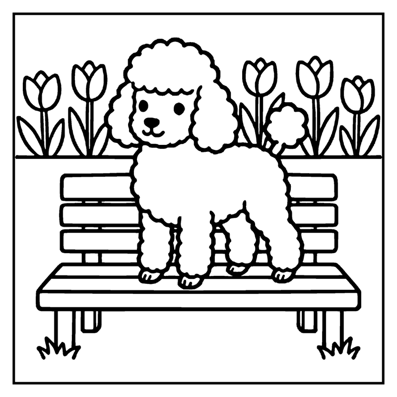 A fluffy dog sits on a bench, surrounded by blooming tulips, a dog coloring page