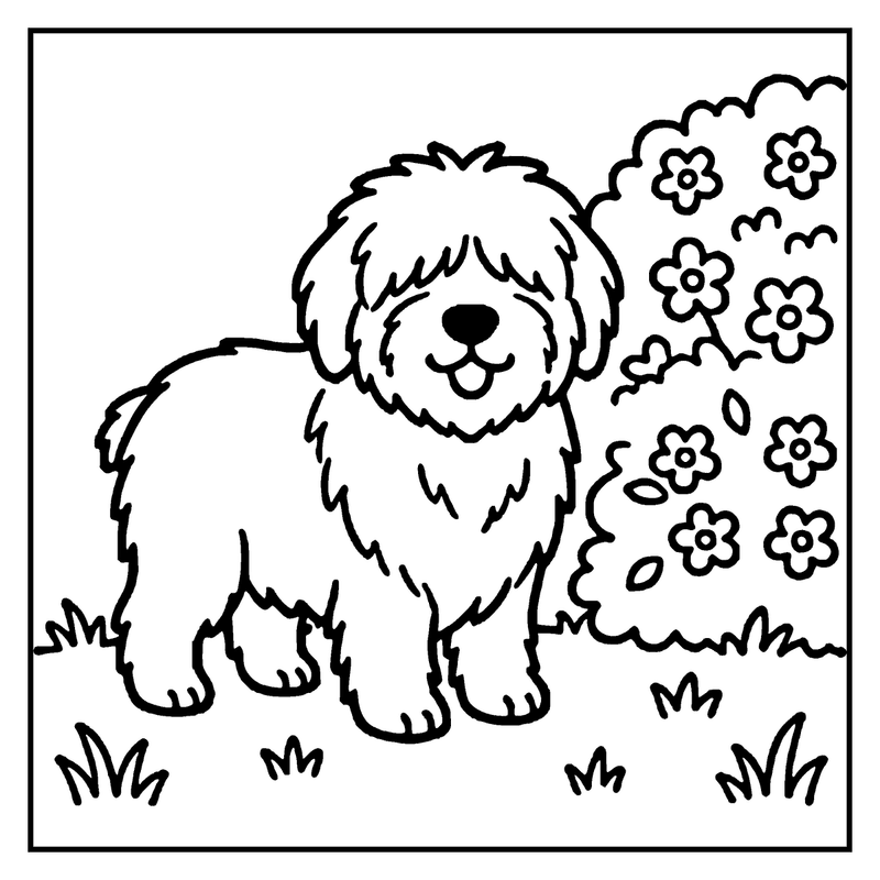 A fluffy dog stands happily in a grassy field with blooming flowers, a dog coloring page