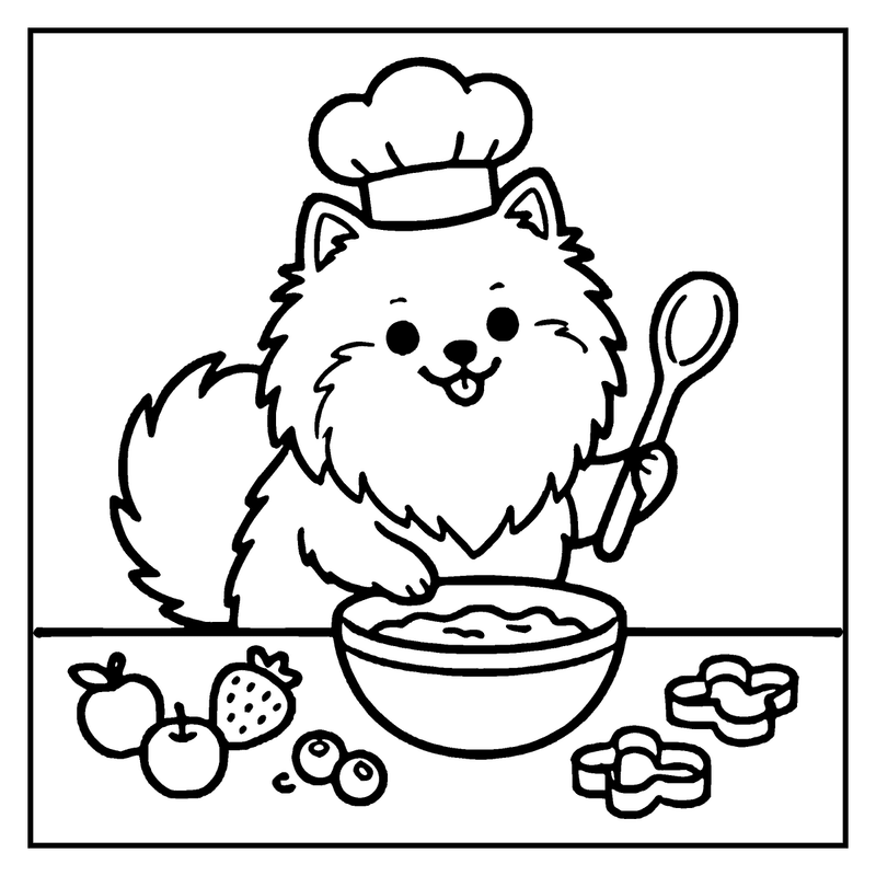 A fluffy dog wearing a chef's hat is happily cooking in a bowl with a spoon, surrounded by fruits and cookies, a dog coloring page