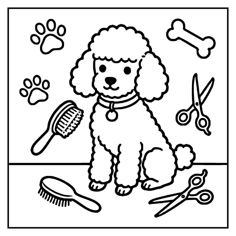 A fluffy poodle sits with grooming tools and bone, ready for a bath, a dog coloring page