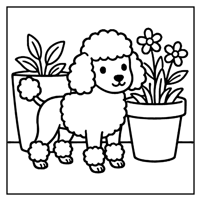 A fluffy poodle stands between two flower pots, one with flowers and the other with leaves, a dog coloring page