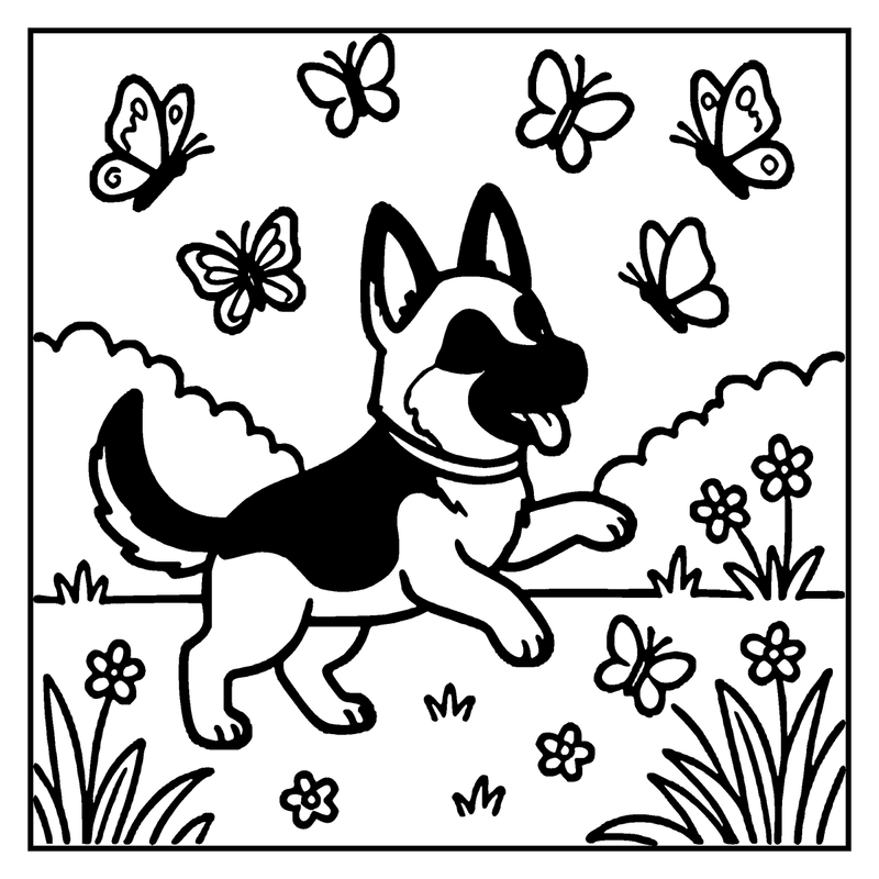 A German Shepherd dog is happily running in a field with flowers and butterflies, a dog coloring page