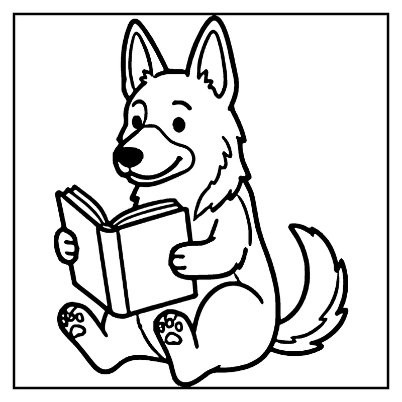 A German Shepherd dog sits reading a book, holding it in both paws, a dog coloring page