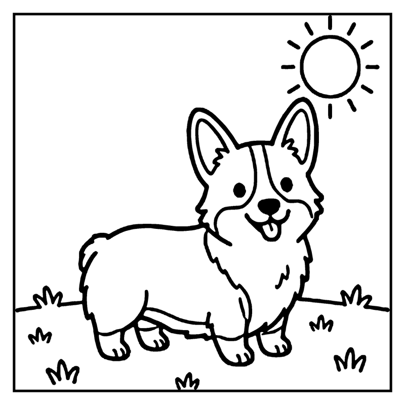 A happy corgi dog is standing in the sun, with a bright sun above its head, a dog coloring page