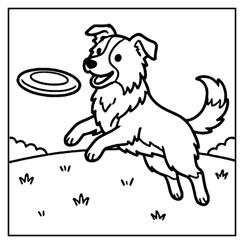 A happy dog jumps to catch a frisbee in a grassy field, a dog coloring page