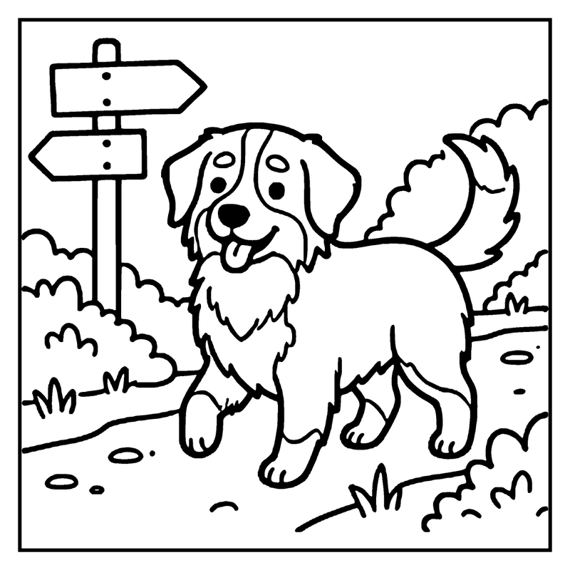 A happy dog runs joyfully near a signpost in a grassy field, a dog coloring page